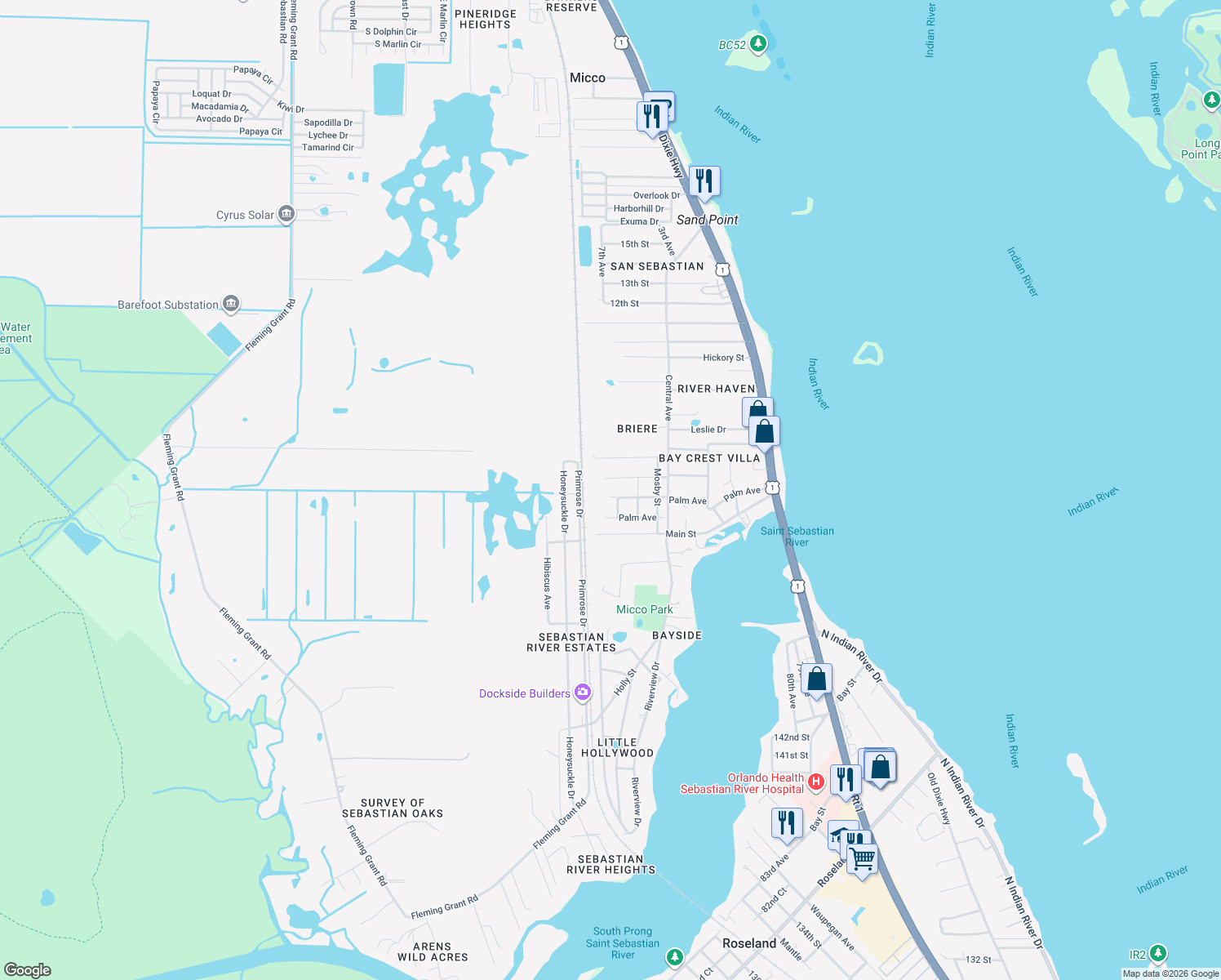 map of restaurants, bars, coffee shops, grocery stores, and more near 3700 Church Street in Sebastian
