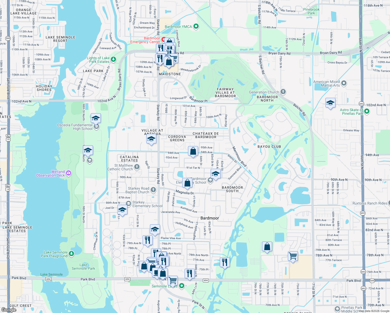 map of restaurants, bars, coffee shops, grocery stores, and more near 8481 93rd Avenue in Seminole