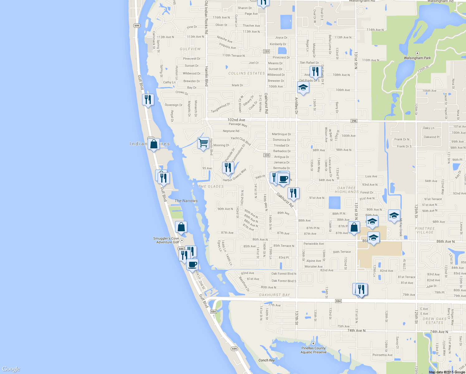 map of restaurants, bars, coffee shops, grocery stores, and more near 14348 93rd Ave in Seminole