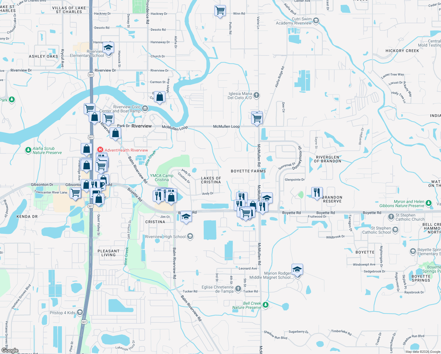 map of restaurants, bars, coffee shops, grocery stores, and more near 9808 Wydella Street in Riverview