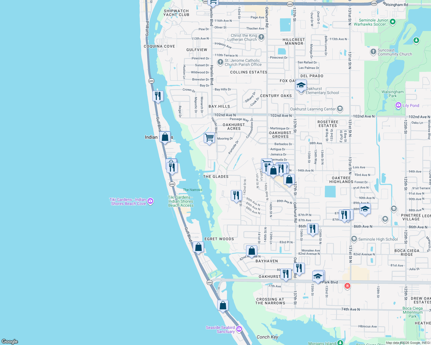 map of restaurants, bars, coffee shops, grocery stores, and more near 9342 Tradewinds Avenue in Seminole