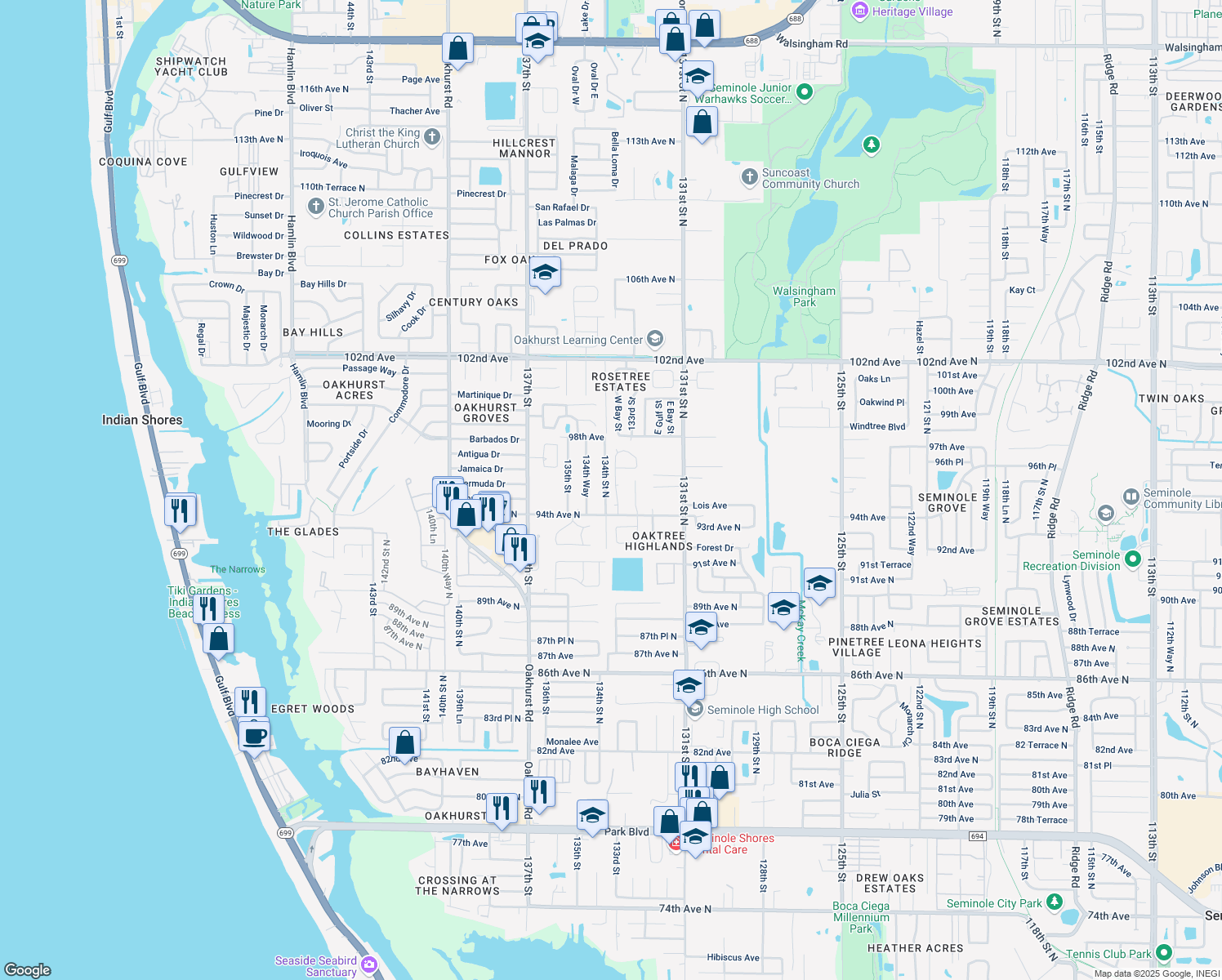 map of restaurants, bars, coffee shops, grocery stores, and more near 9414 Laura Anne Drive in Seminole