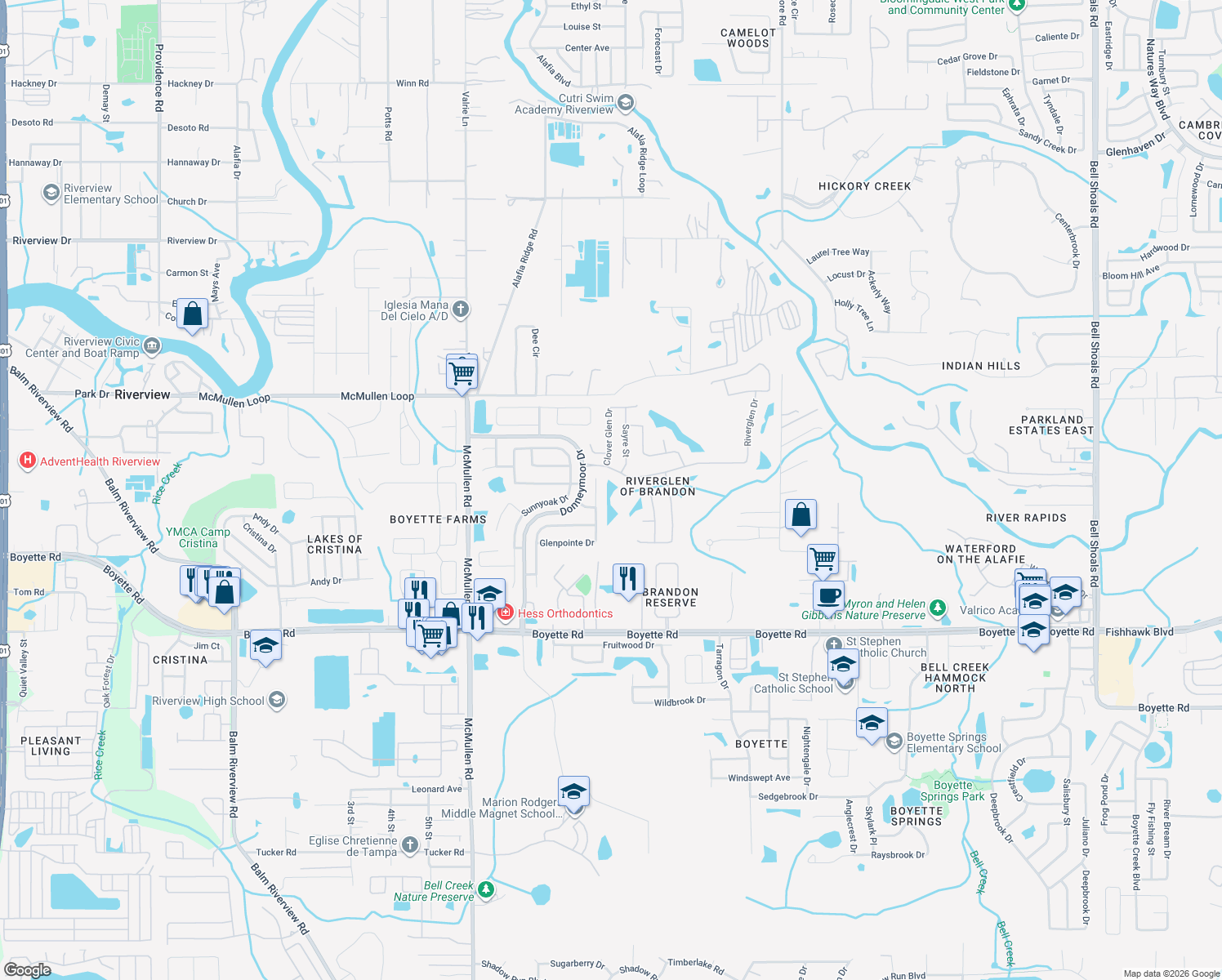 map of restaurants, bars, coffee shops, grocery stores, and more near 9508 Glenpointe Drive in Riverview