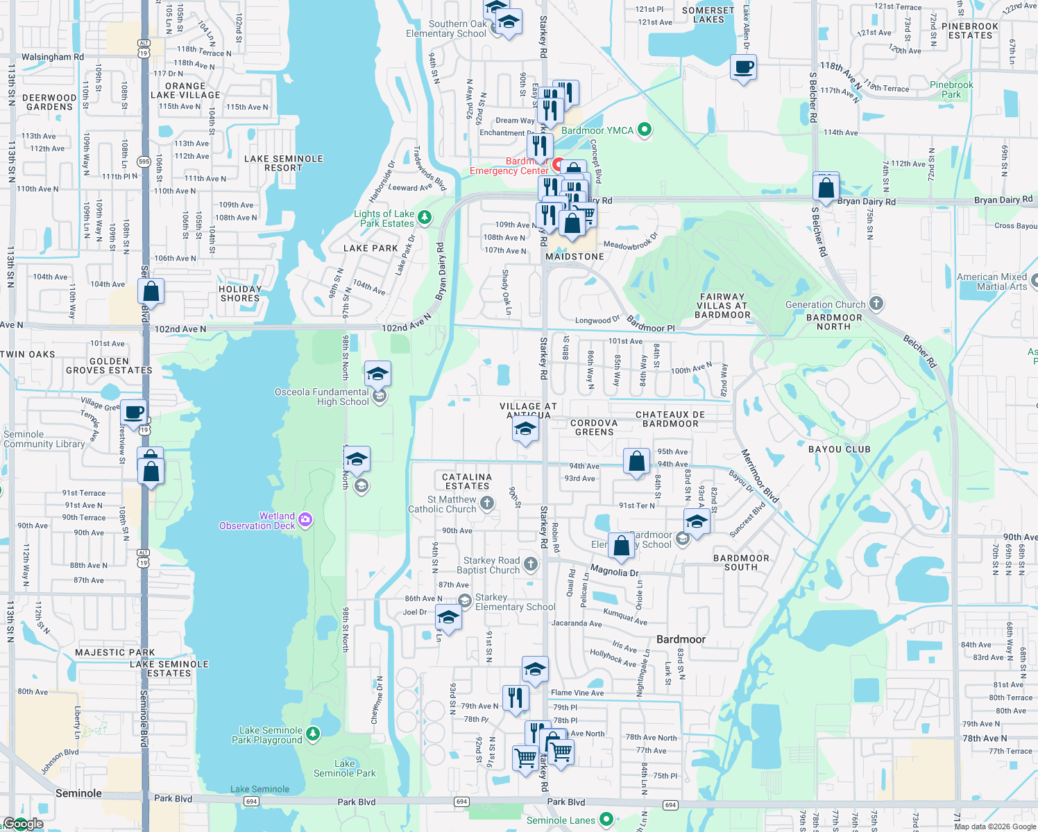 map of restaurants, bars, coffee shops, grocery stores, and more near 9049 Antigua Drive in Seminole