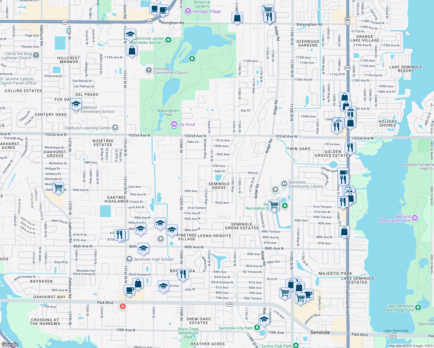 map of restaurants, bars, coffee shops, grocery stores, and more near 12134 96th Place in Seminole