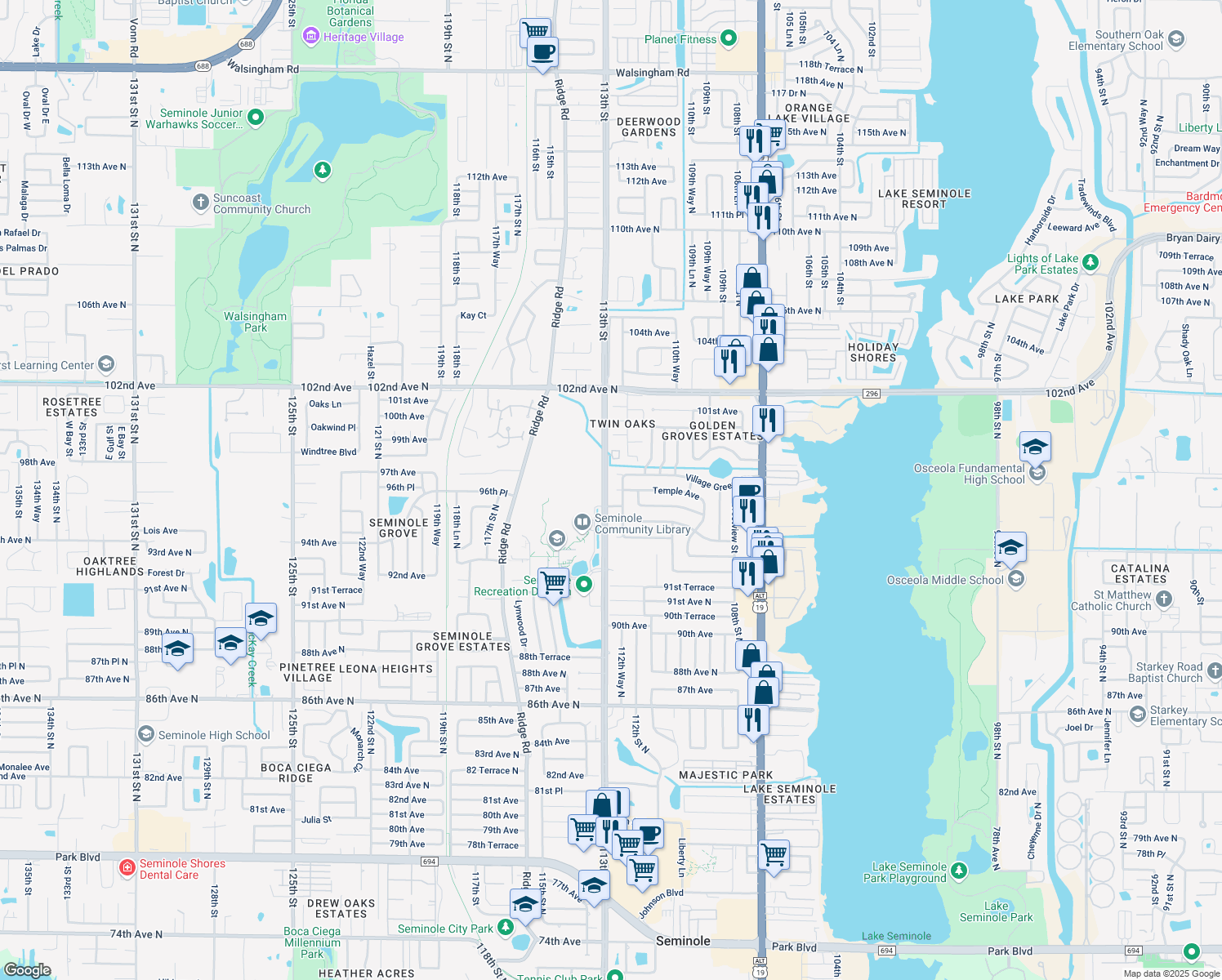 map of restaurants, bars, coffee shops, grocery stores, and more near 11248 Temple Court in Seminole