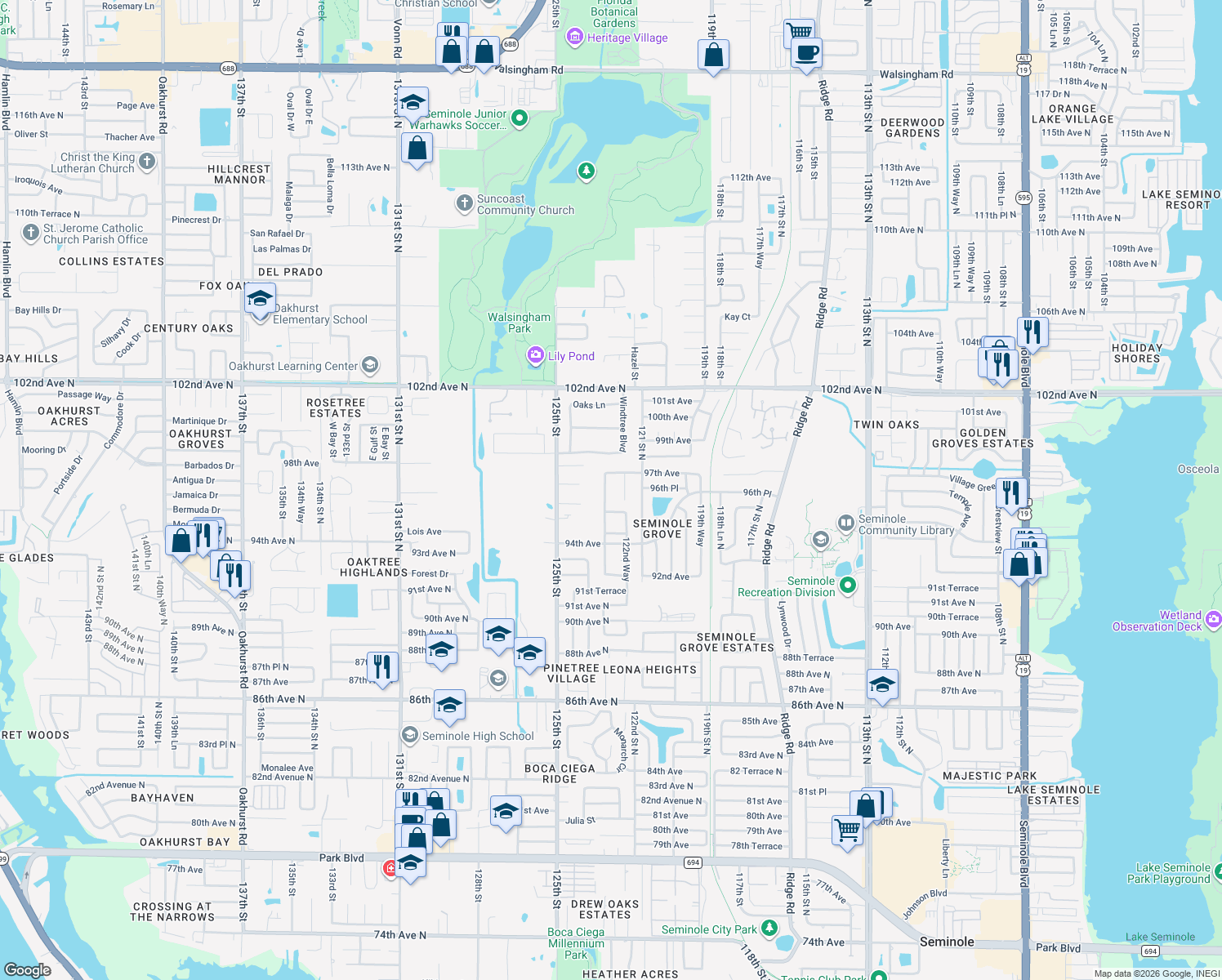 map of restaurants, bars, coffee shops, grocery stores, and more near 9667 123rd Way in Seminole