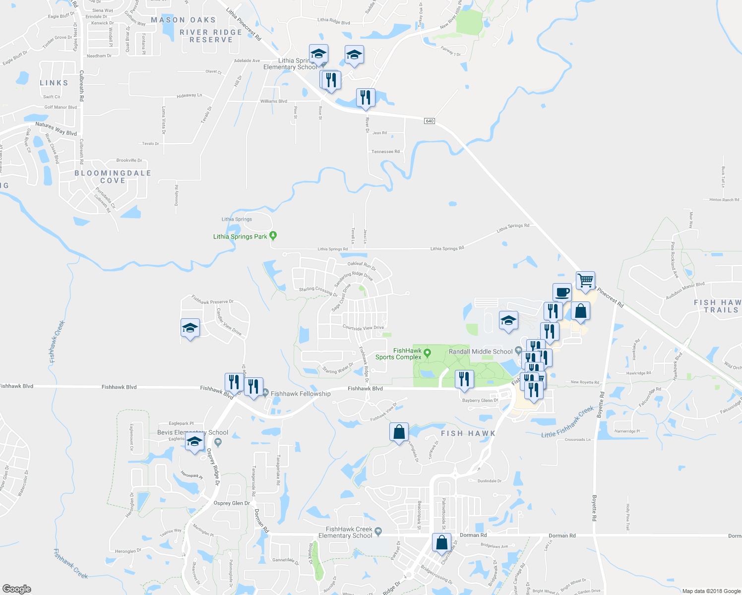 map of restaurants, bars, coffee shops, grocery stores, and more near 15906 Starling Crossing Drive in Lithia