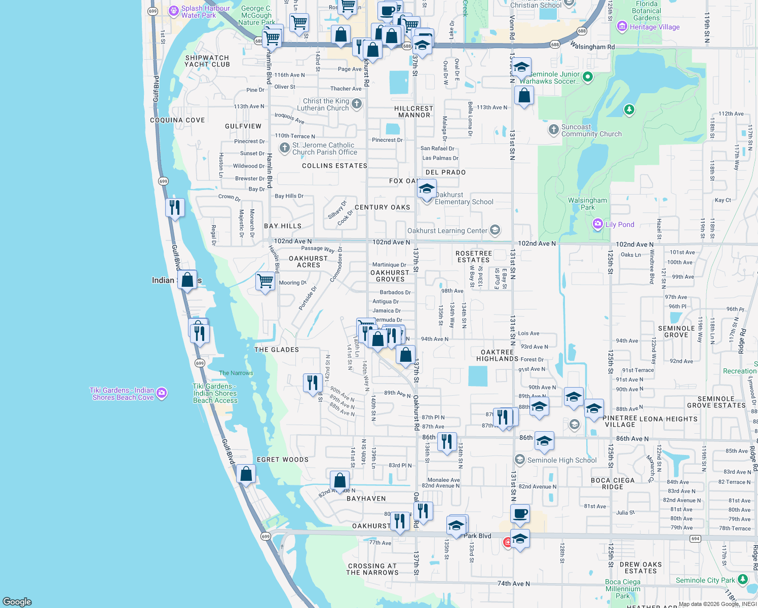 map of restaurants, bars, coffee shops, grocery stores, and more near 13940 Antigua Drive in Seminole