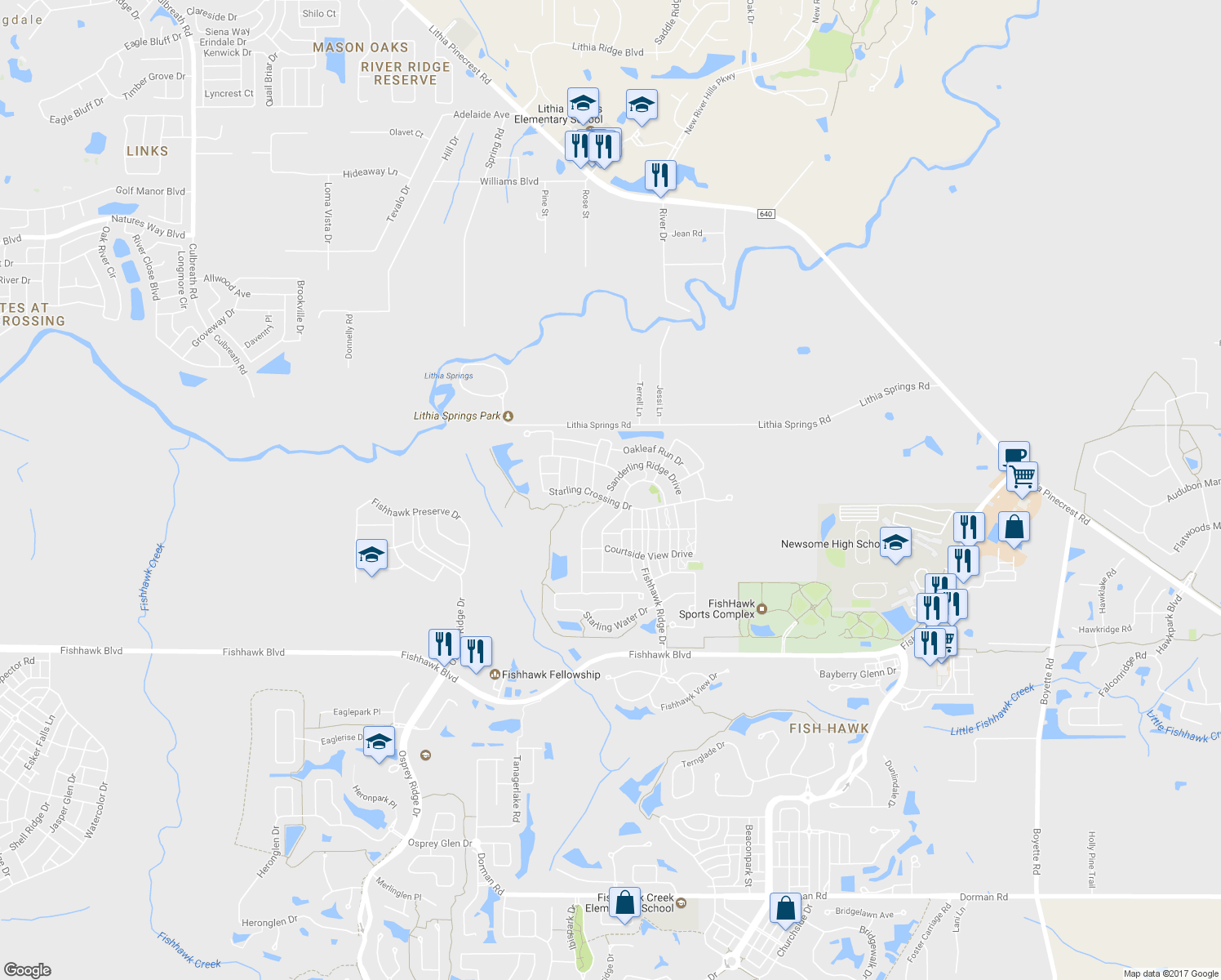 map of restaurants, bars, coffee shops, grocery stores, and more near 5406 Sanderling Ridge Drive in Lithia
