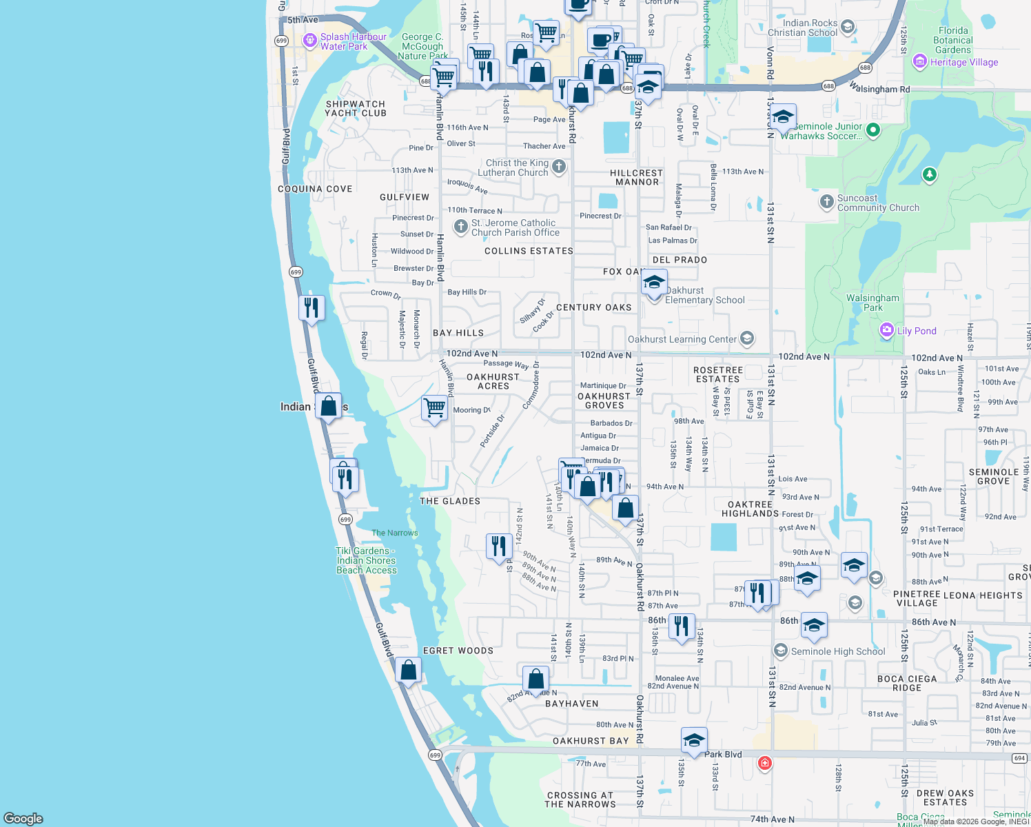 map of restaurants, bars, coffee shops, grocery stores, and more near 9832 Commodore Drive in Seminole