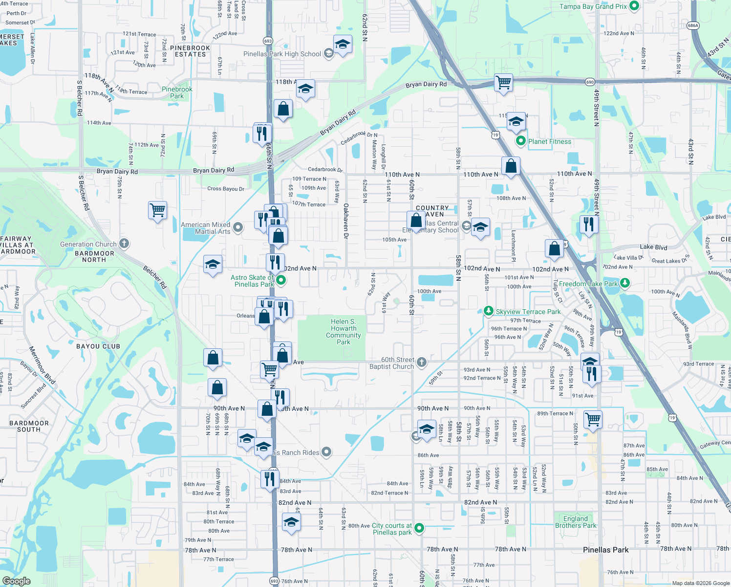 map of restaurants, bars, coffee shops, grocery stores, and more near 9950 62nd Street North in Pinellas Park