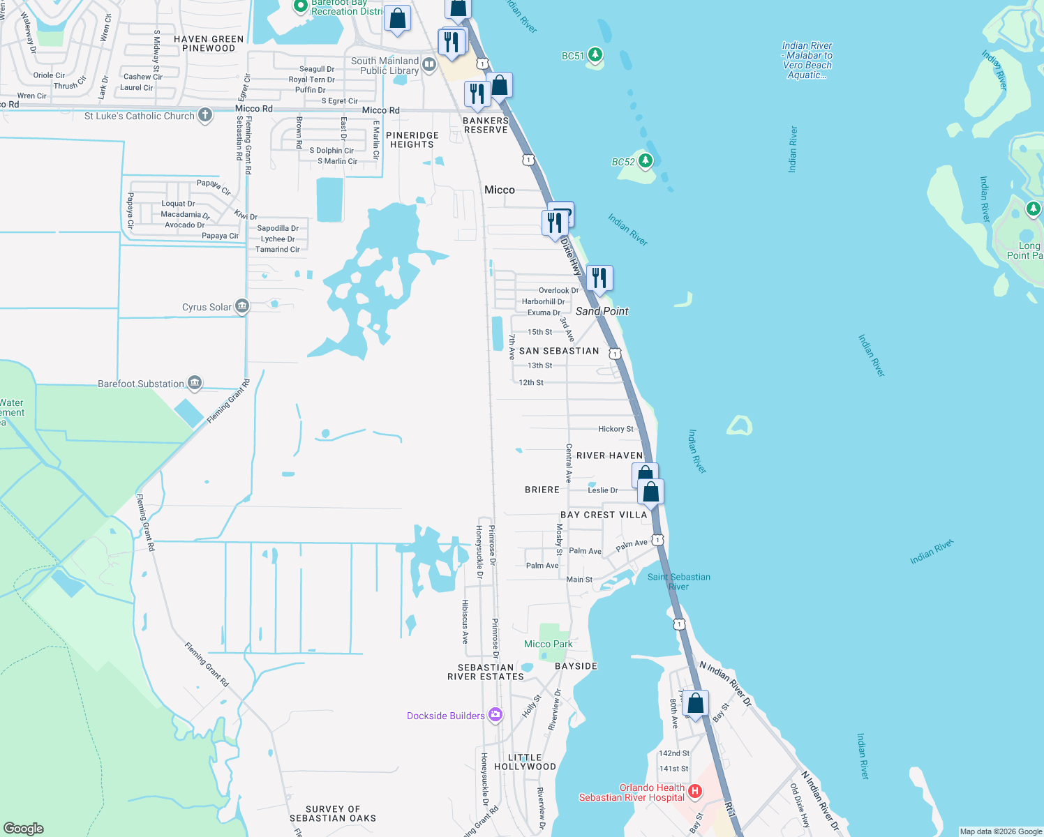 map of restaurants, bars, coffee shops, grocery stores, and more near 3815 10th Street in Sebastian