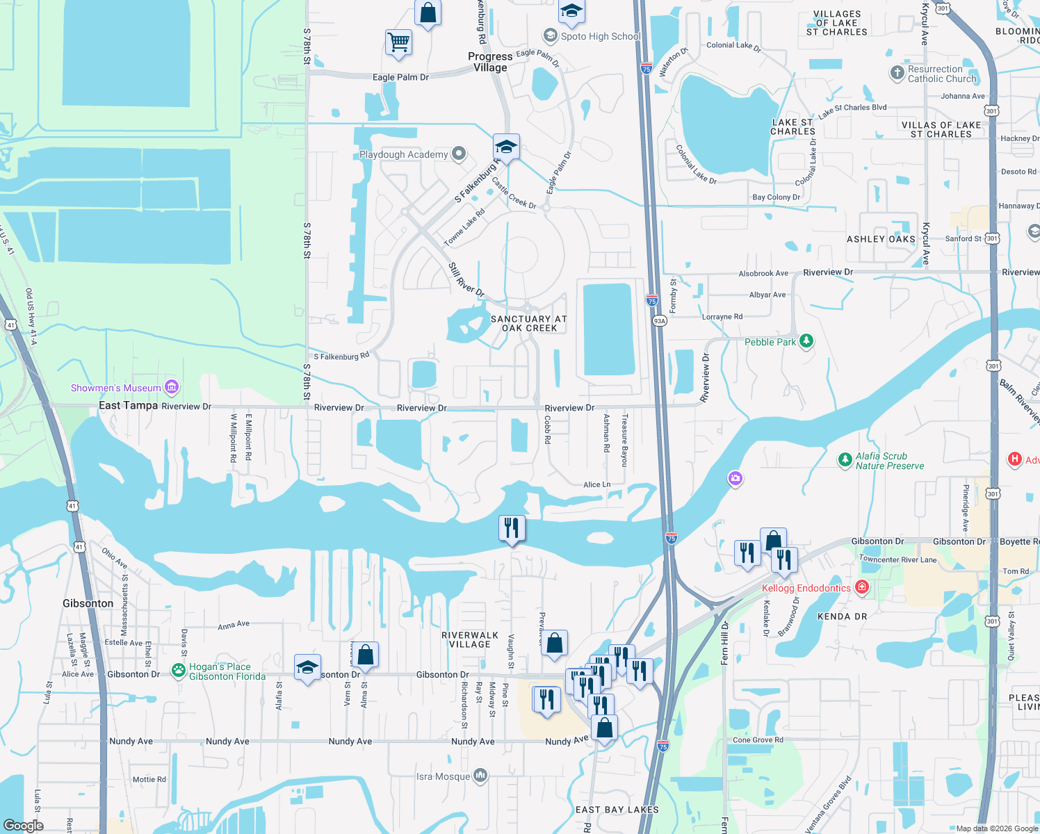 map of restaurants, bars, coffee shops, grocery stores, and more near 9007 Riverview Drive in Riverview