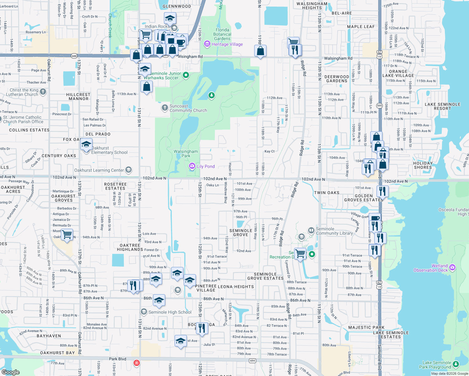 map of restaurants, bars, coffee shops, grocery stores, and more near 12161 100th Avenue in Seminole
