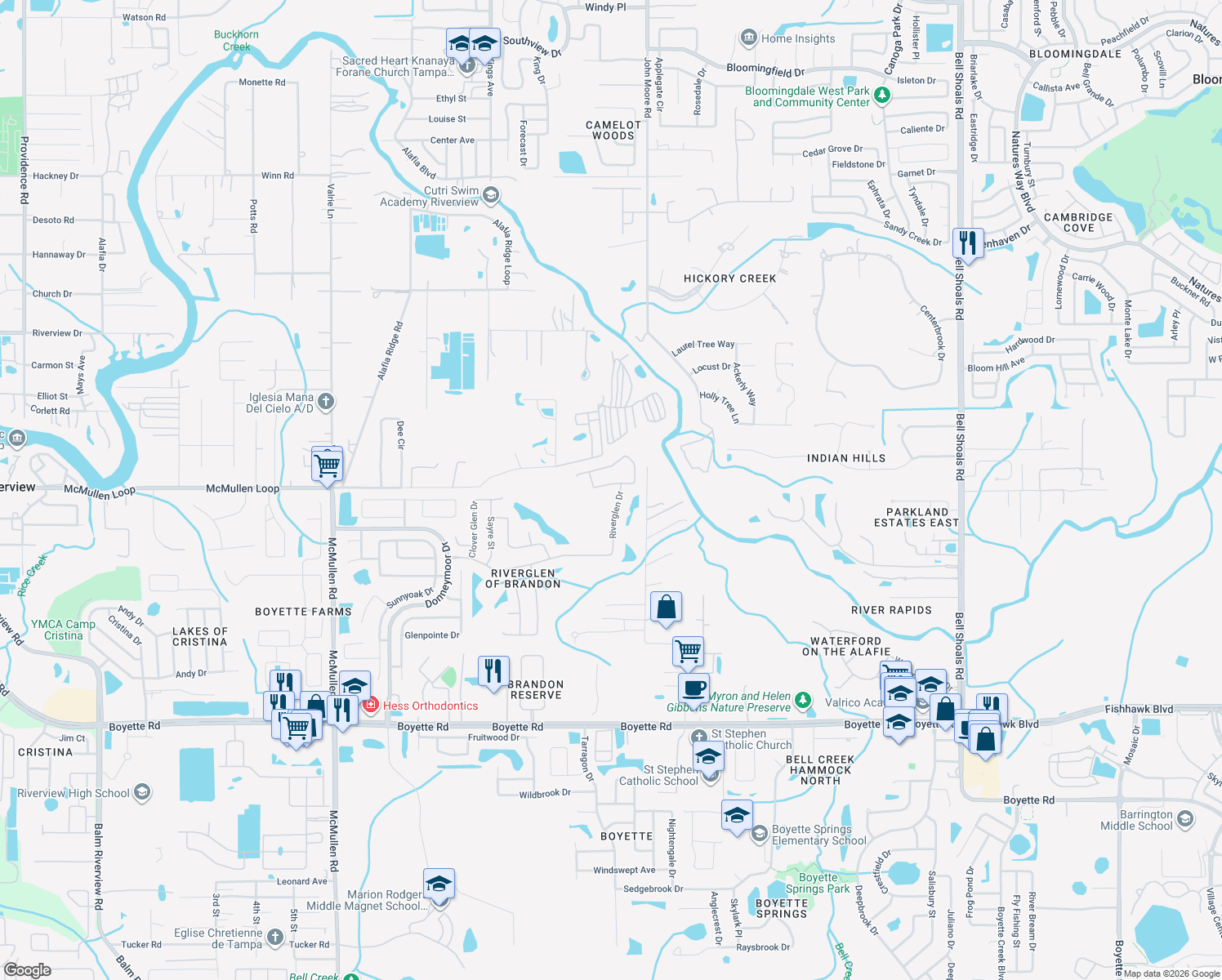 map of restaurants, bars, coffee shops, grocery stores, and more near 12606 River Birch Drive in Riverview