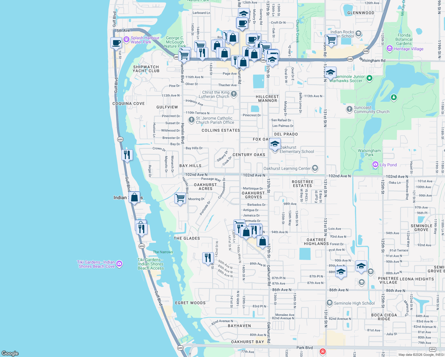 map of restaurants, bars, coffee shops, grocery stores, and more near 10100 Commodore Dr in Seminole