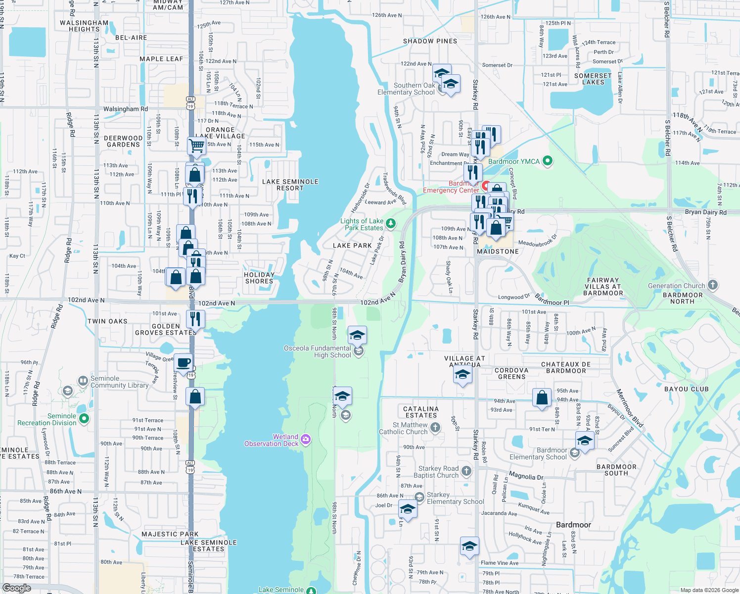 map of restaurants, bars, coffee shops, grocery stores, and more near 9582 103rd Avenue in Seminole
