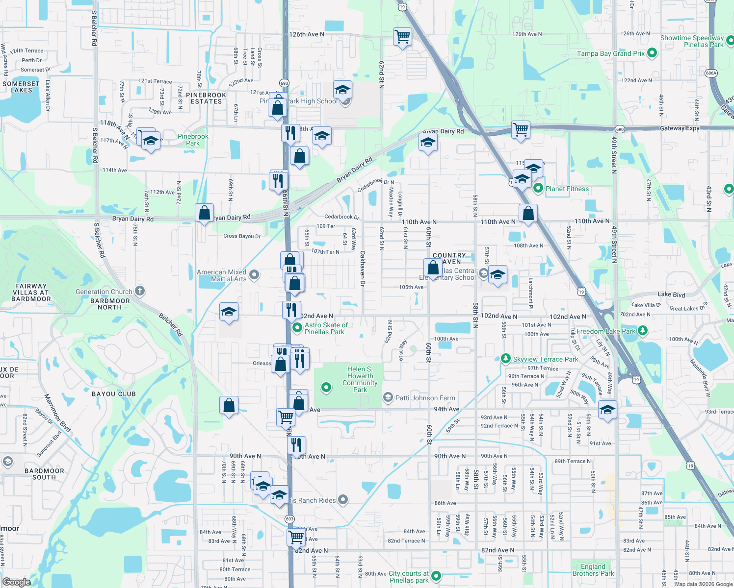 map of restaurants, bars, coffee shops, grocery stores, and more near 6280 104th Avenue North in Pinellas Park