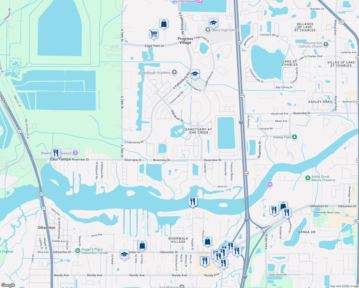 map of restaurants, bars, coffee shops, grocery stores, and more near 8804 Sandy Plains Drive in Riverview