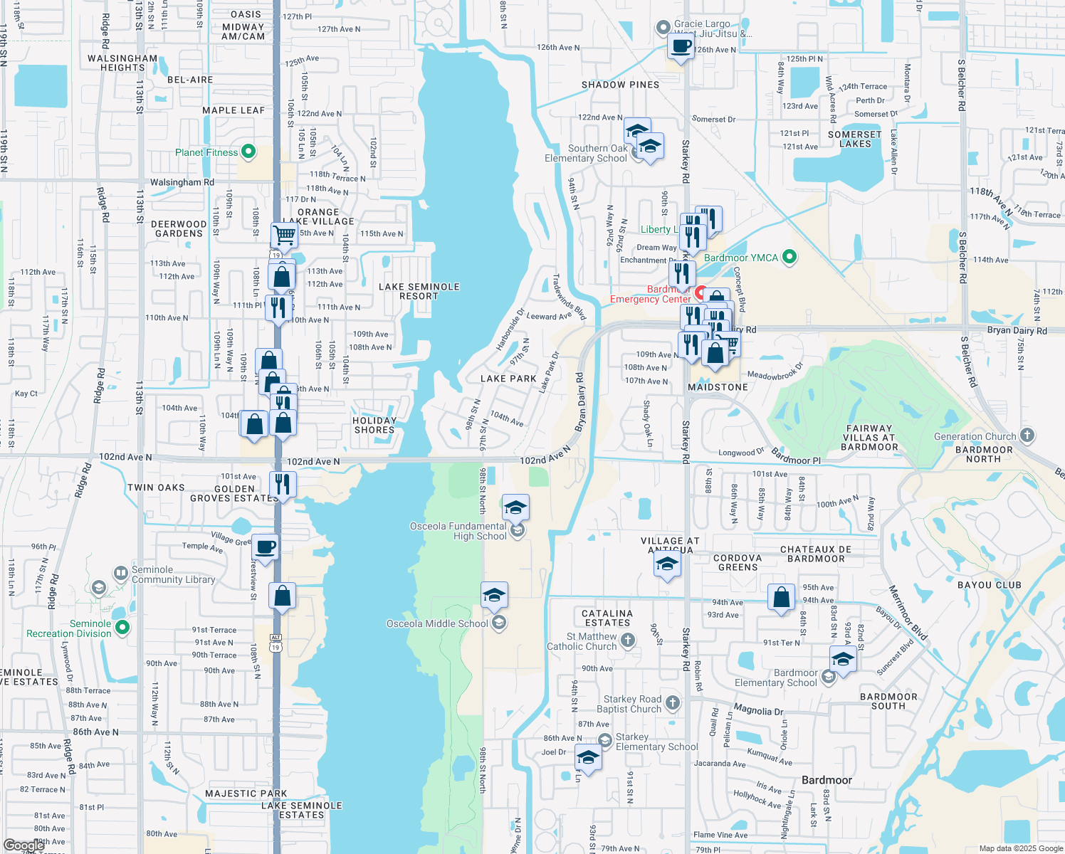 map of restaurants, bars, coffee shops, grocery stores, and more near 10370 95th Street North in Seminole
