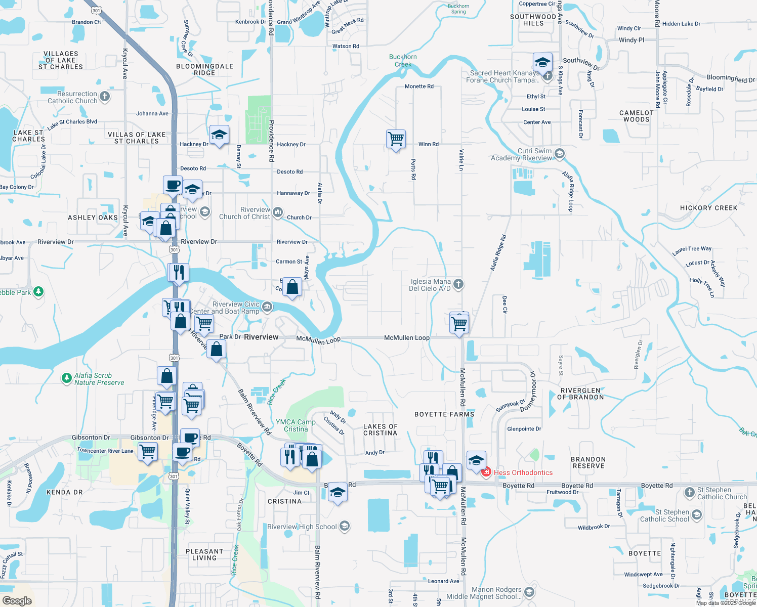 map of restaurants, bars, coffee shops, grocery stores, and more near 8221 Stoner Woods Drive in Riverview