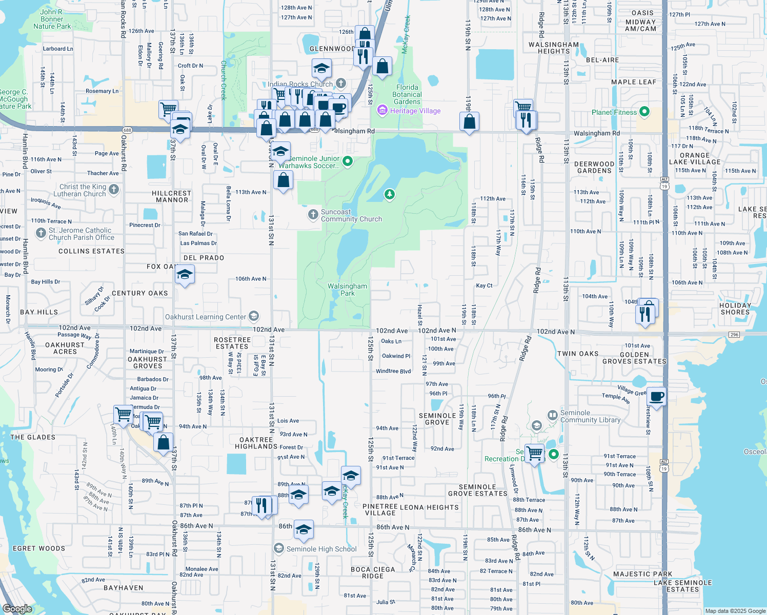 map of restaurants, bars, coffee shops, grocery stores, and more near 10377 125th Street in Largo