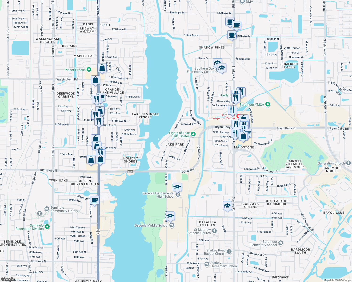 map of restaurants, bars, coffee shops, grocery stores, and more near 10753 97th Street in Largo