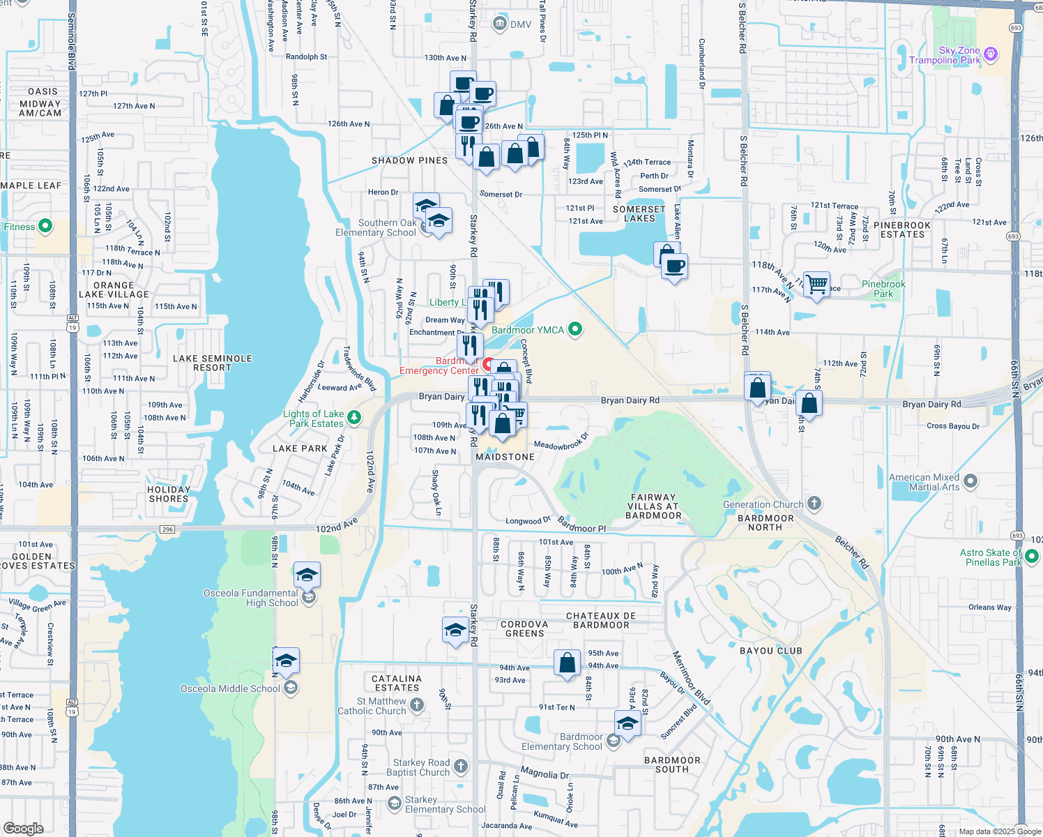 map of restaurants, bars, coffee shops, grocery stores, and more near 8710 Bryan Dairy Road in Seminole