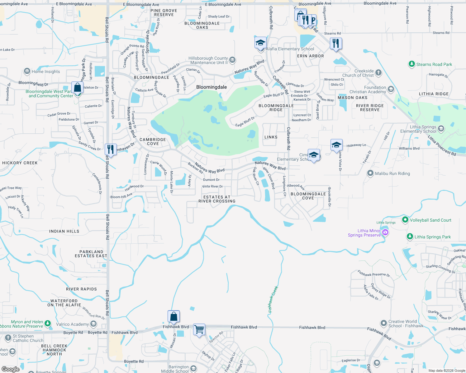 map of restaurants, bars, coffee shops, grocery stores, and more near 1908 River Crossing Drive in Valrico