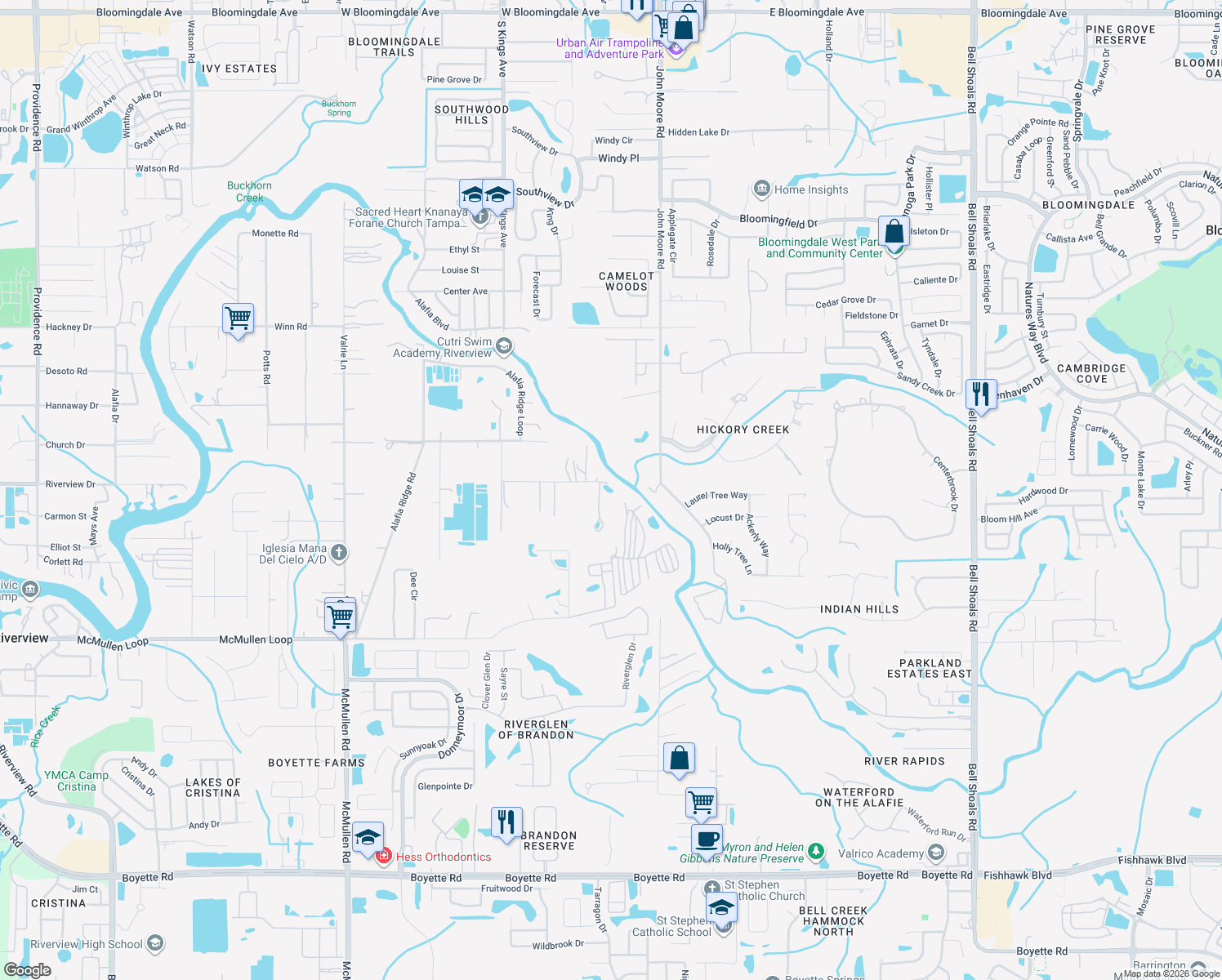 map of restaurants, bars, coffee shops, grocery stores, and more near 8315 Revels Road in Riverview