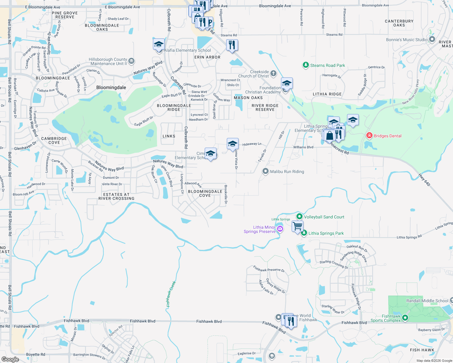 map of restaurants, bars, coffee shops, grocery stores, and more near 2641 Brookville Drive in Valrico