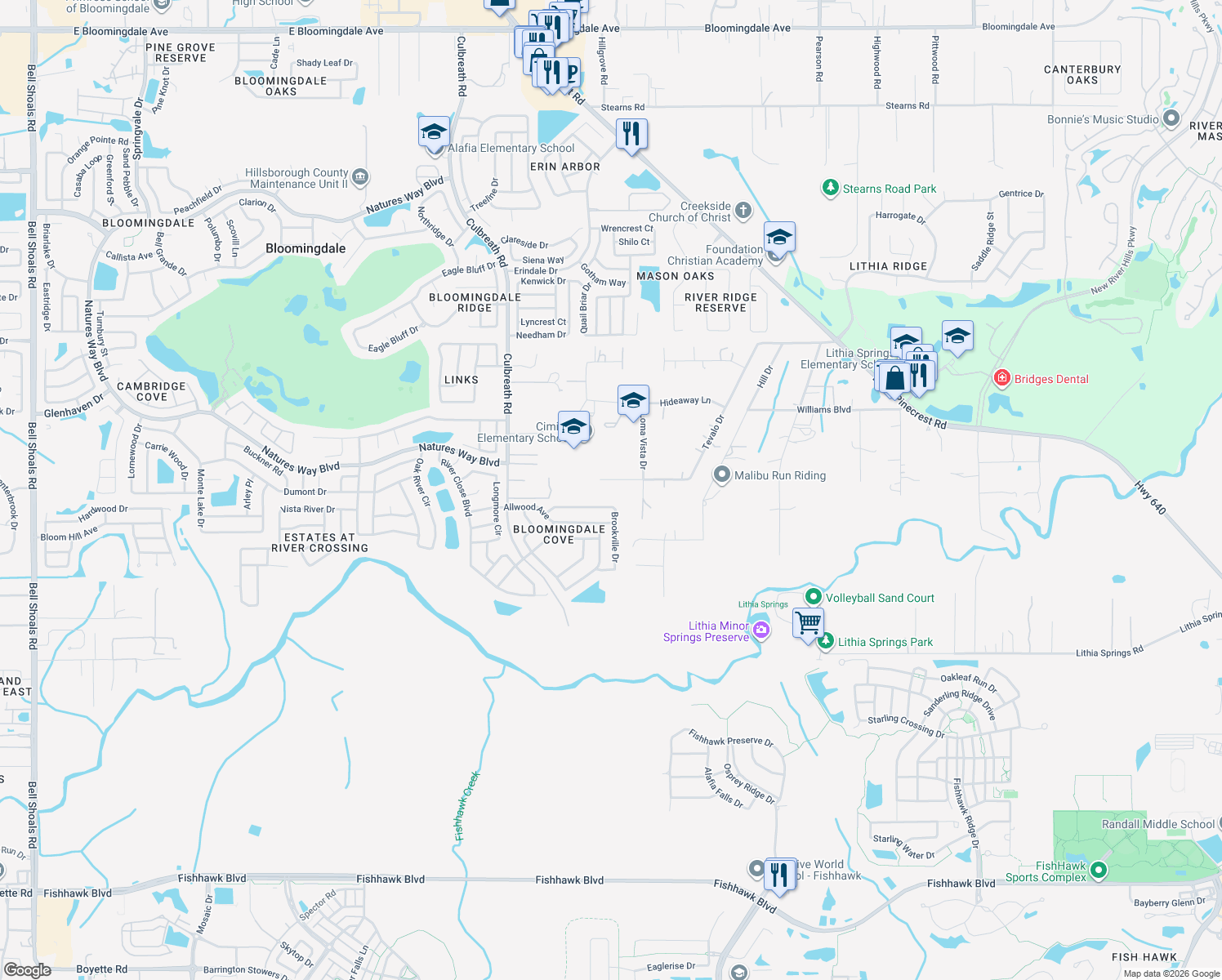 map of restaurants, bars, coffee shops, grocery stores, and more near 4435 Tevalo Drive in Valrico