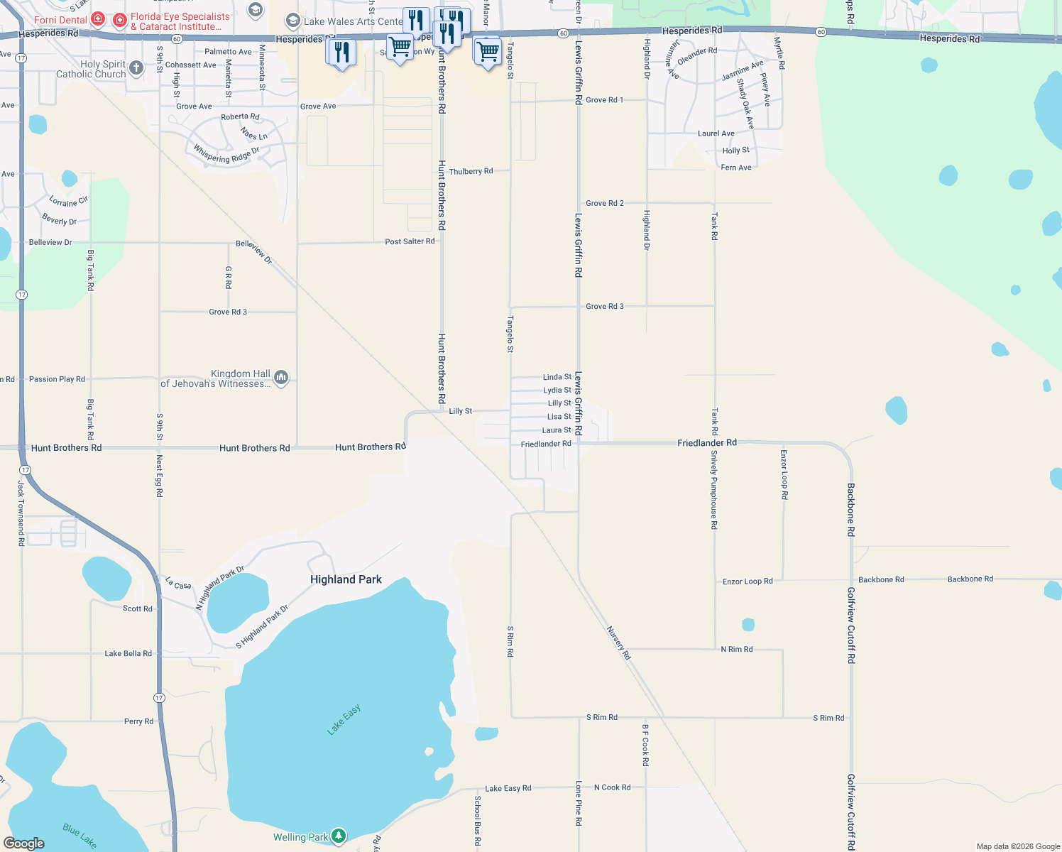 map of restaurants, bars, coffee shops, grocery stores, and more near 2313 Laura Street in Lake Wales