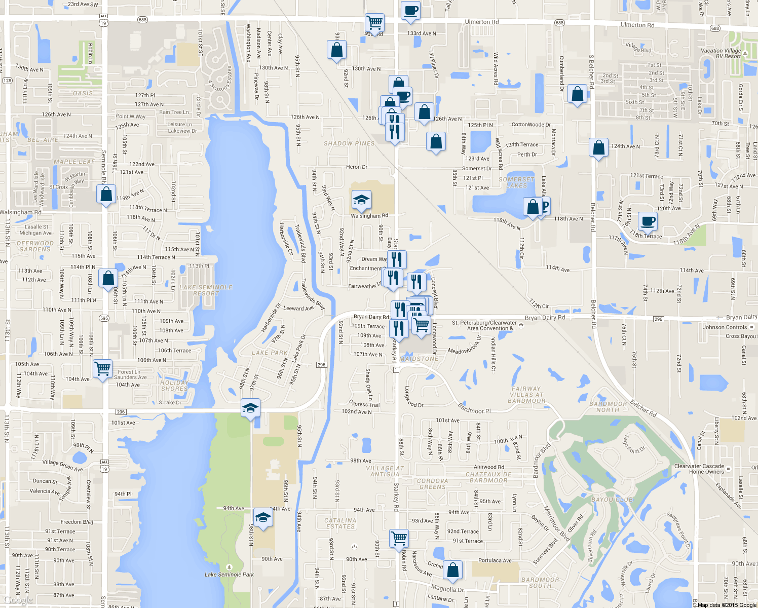 map of restaurants, bars, coffee shops, grocery stores, and more near 9035 Bryan Dairy Road in Seminole