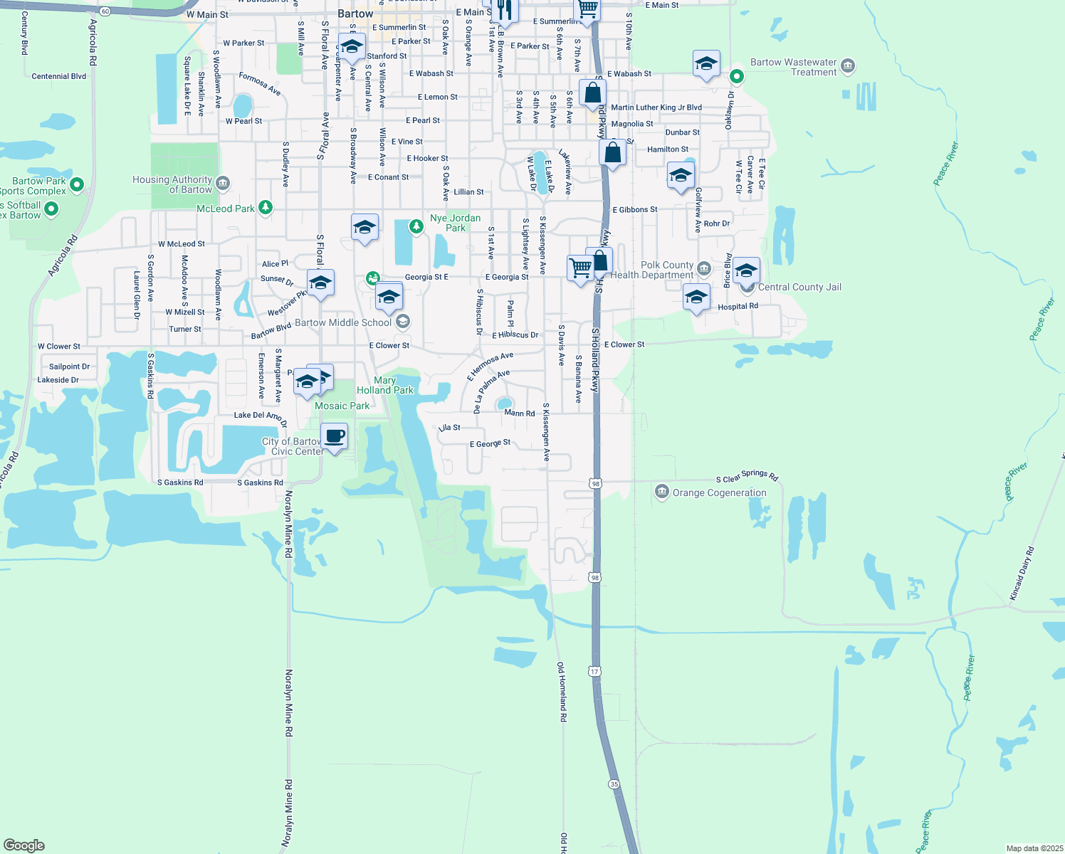 map of restaurants, bars, coffee shops, grocery stores, and more near 2150 De Las Flores Avenue in Bartow