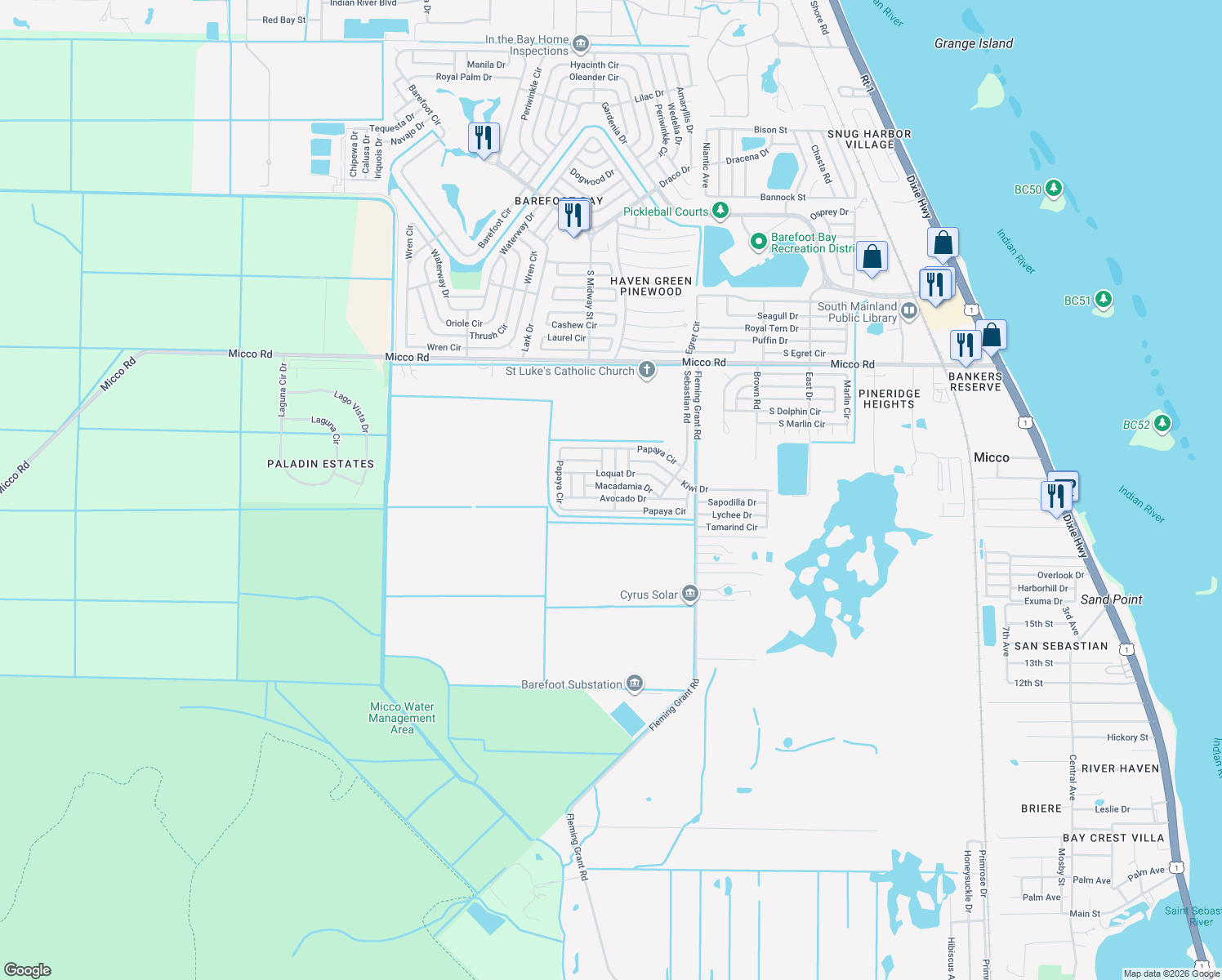 map of restaurants, bars, coffee shops, grocery stores, and more near 401 Macadamia Drive in Sebastian