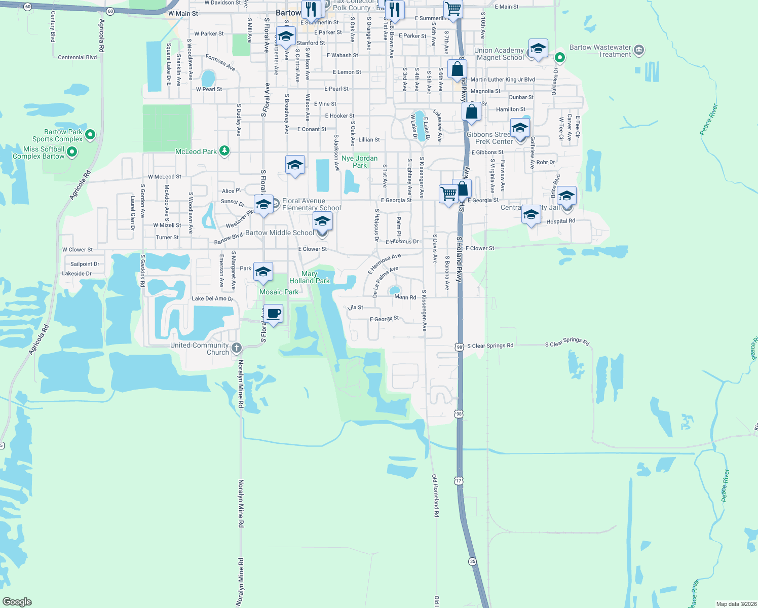 map of restaurants, bars, coffee shops, grocery stores, and more near 2120 De La Palma Avenue in Bartow