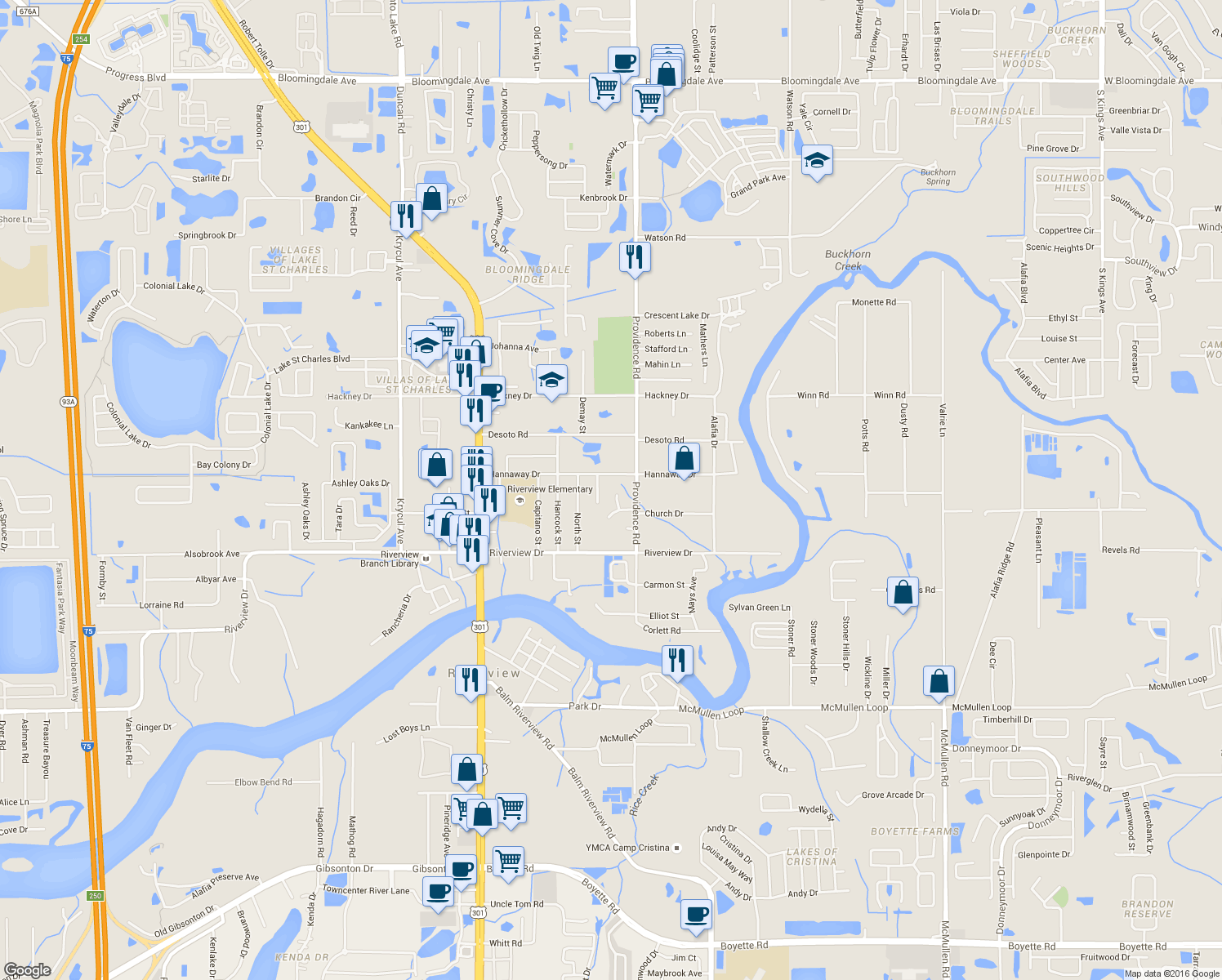 map of restaurants, bars, coffee shops, grocery stores, and more near 7403 Capitano Cove in Riverview