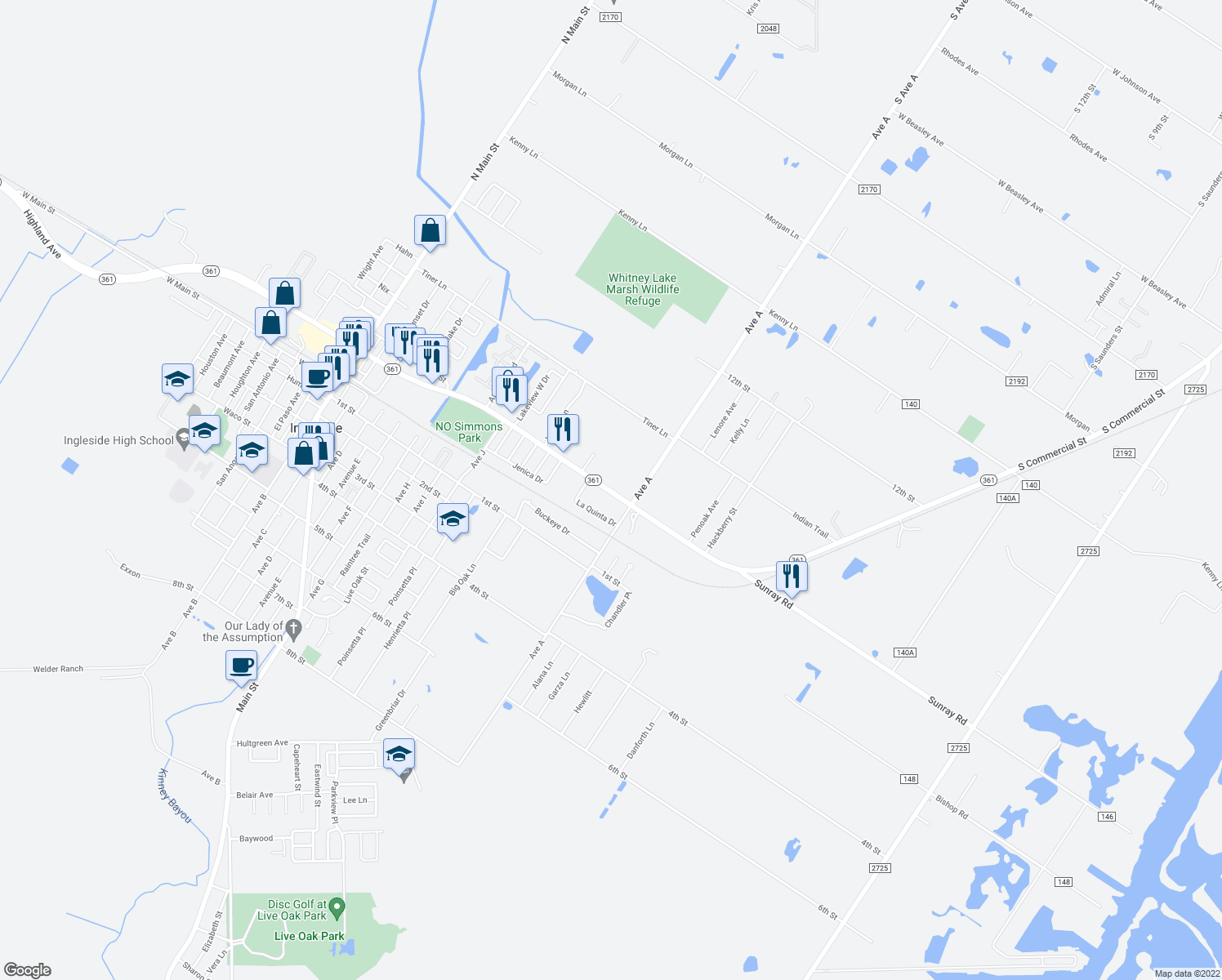 map of restaurants, bars, coffee shops, grocery stores, and more near 2032 Texas 361 in Ingleside