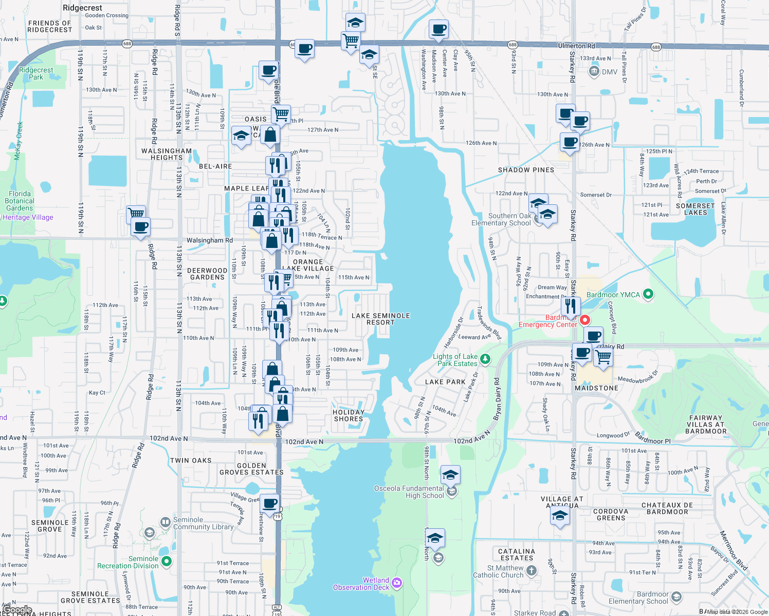 map of restaurants, bars, coffee shops, grocery stores, and more near 11176 100th Street in Largo