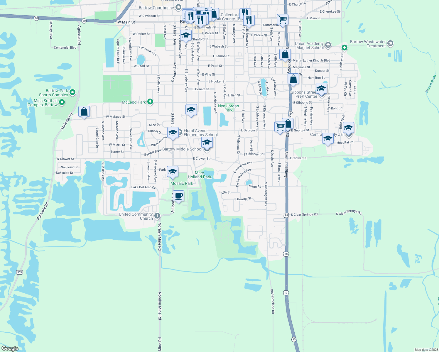 map of restaurants, bars, coffee shops, grocery stores, and more near 845 De La Bosque Avenue in Bartow