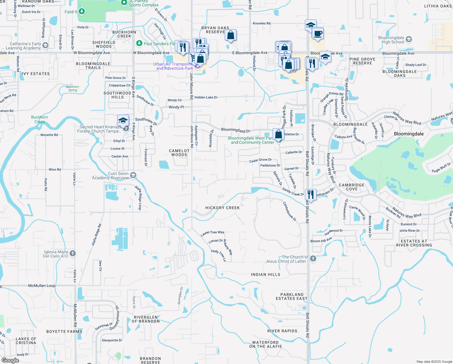 map of restaurants, bars, coffee shops, grocery stores, and more near 309 Forest Breeze Avenue in Brandon