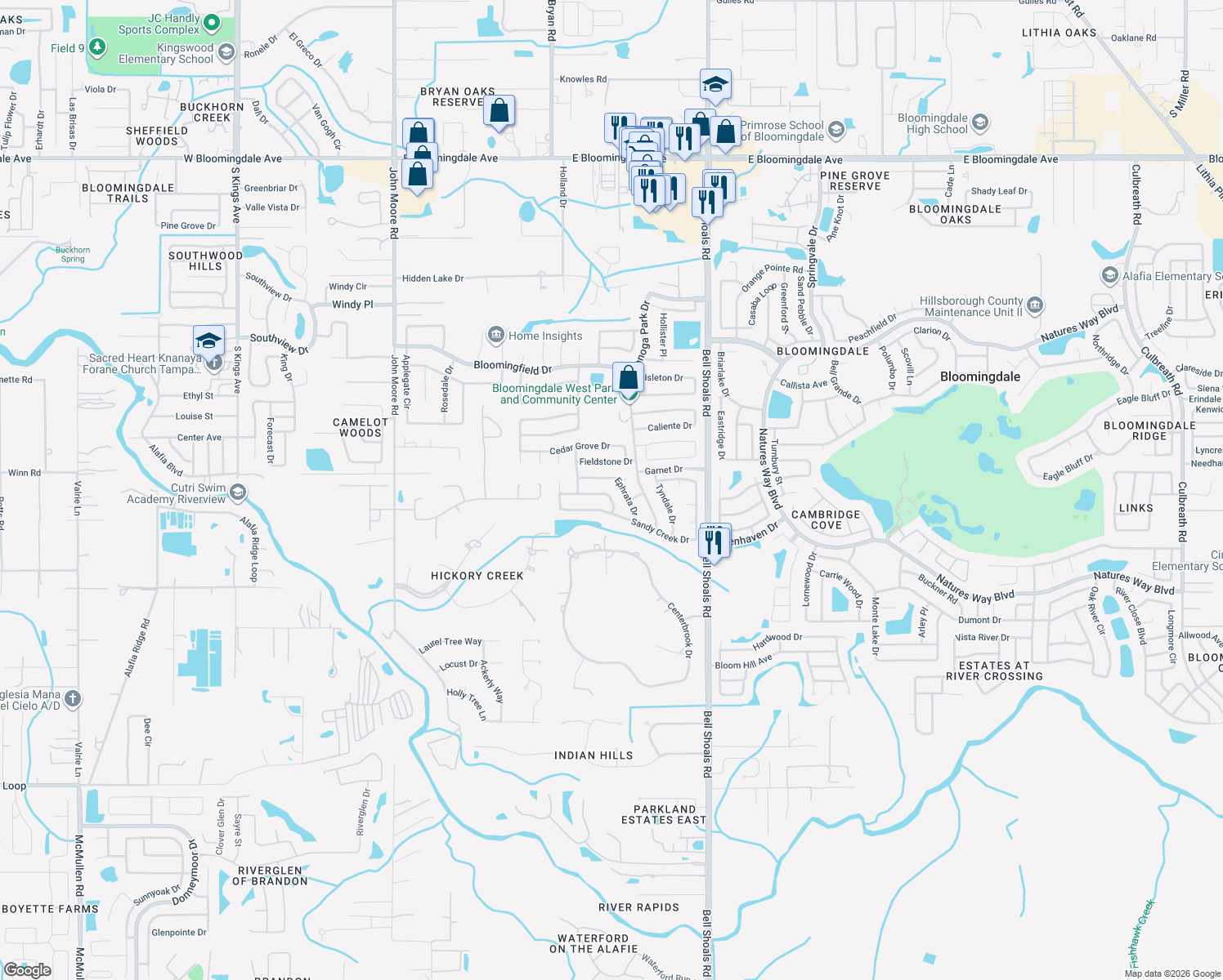 map of restaurants, bars, coffee shops, grocery stores, and more near 522 Wynnwood Drive in Brandon