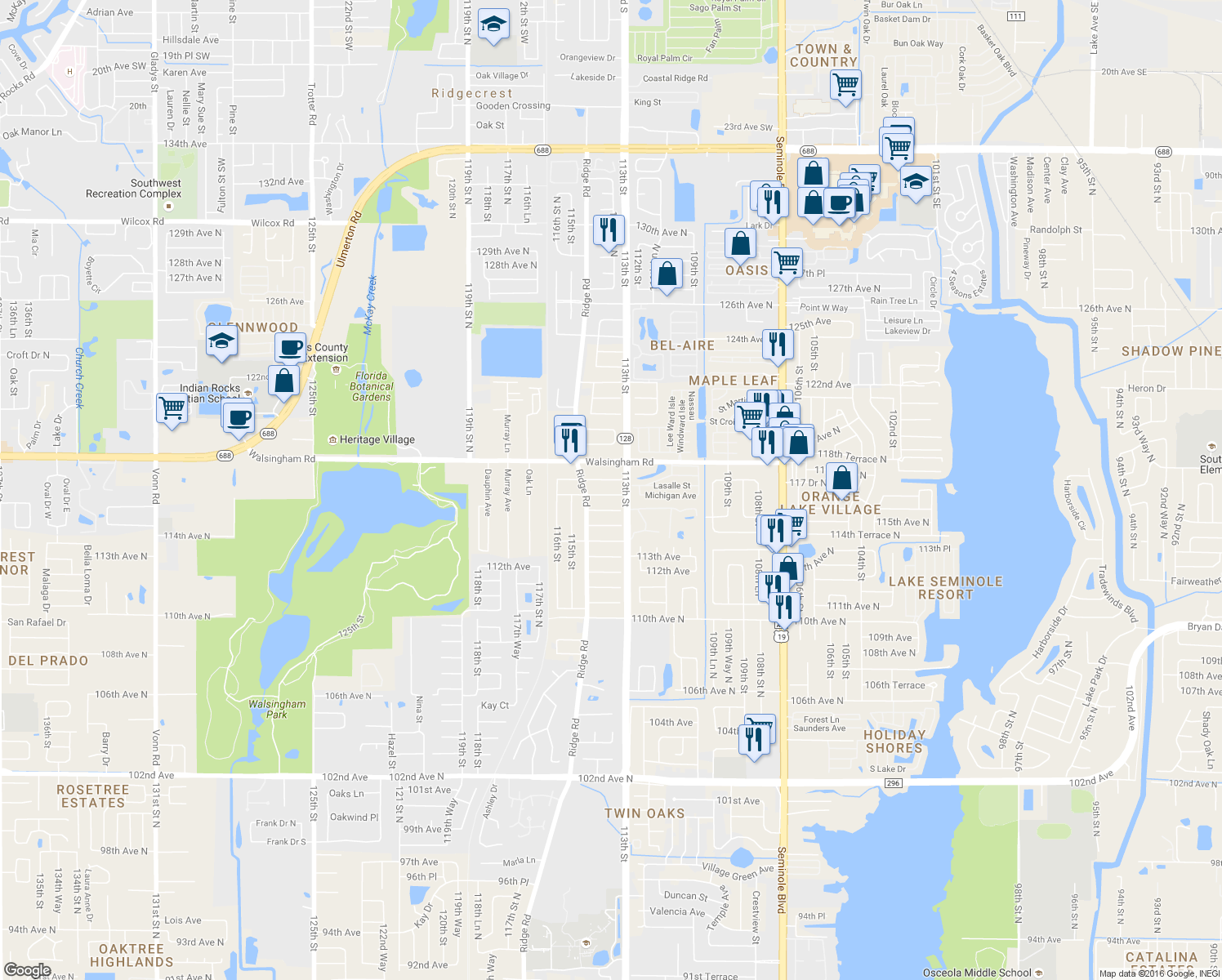 map of restaurants, bars, coffee shops, grocery stores, and more near 11357 116th Avenue in Largo