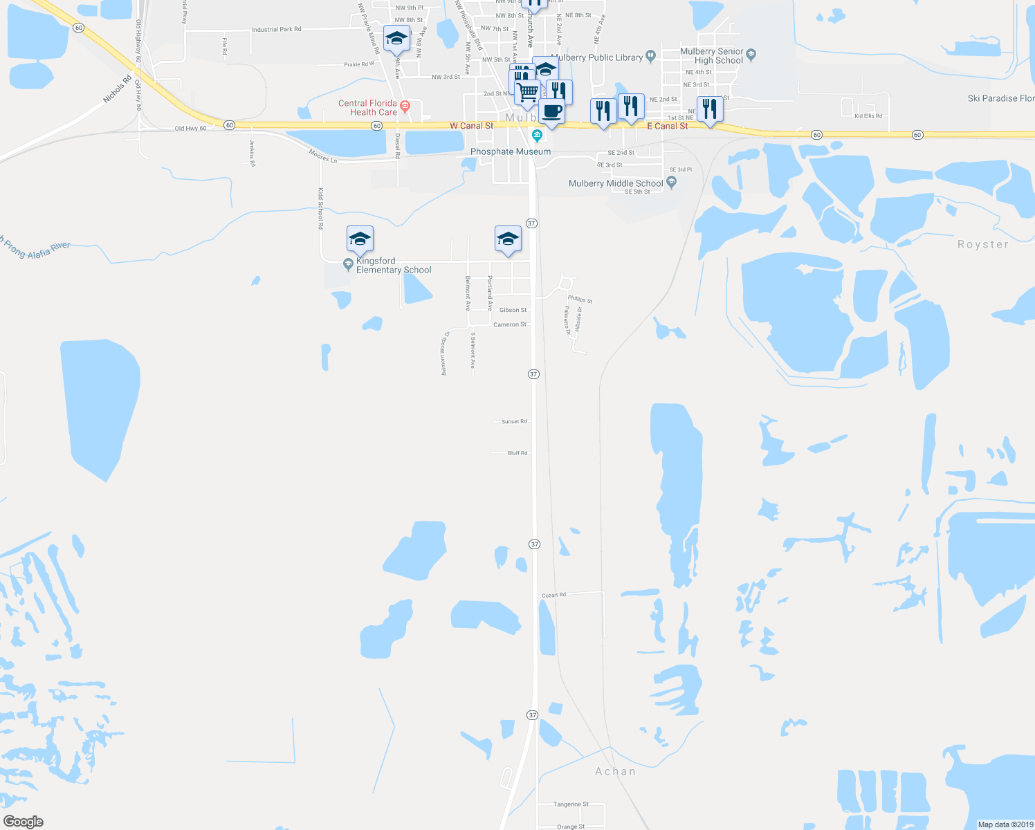 map of restaurants, bars, coffee shops, grocery stores, and more near 85 Sunset Road in Mulberry
