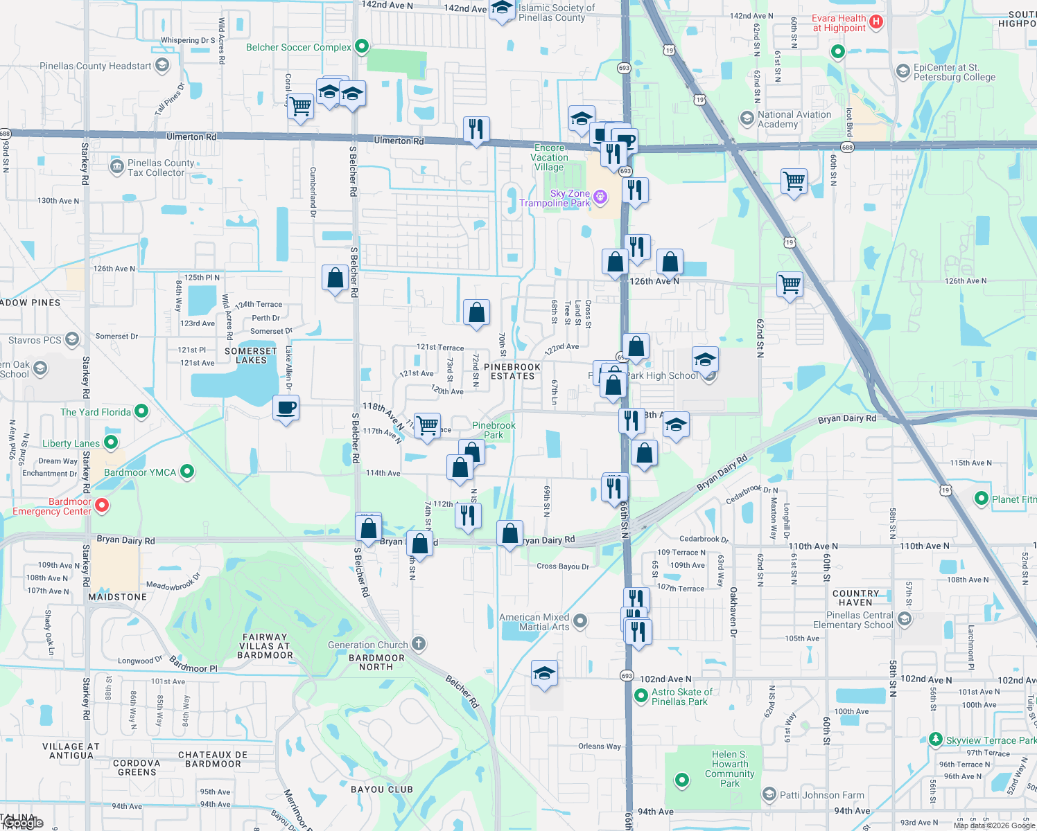 map of restaurants, bars, coffee shops, grocery stores, and more near 11752 69th Way in Largo