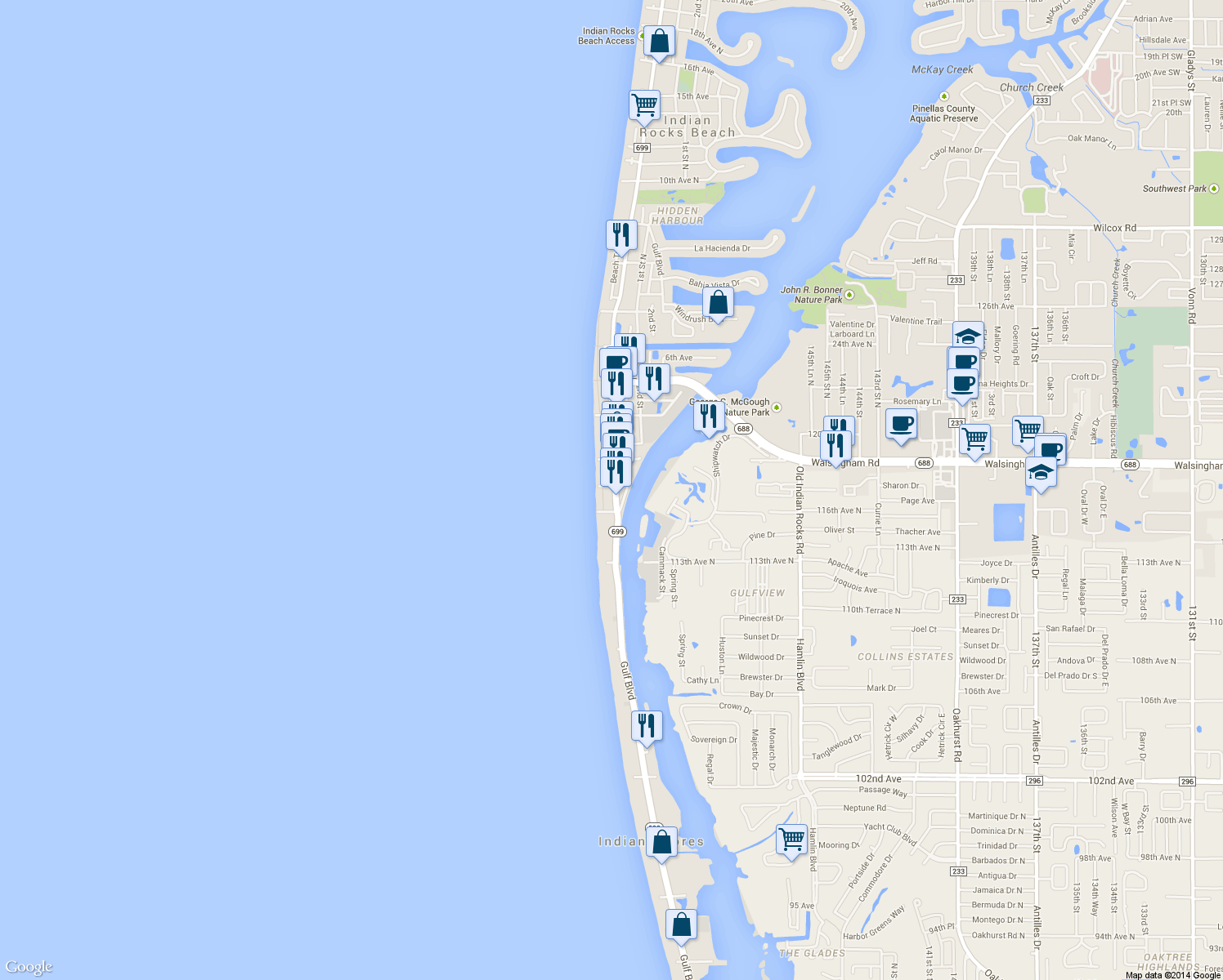 map of restaurants, bars, coffee shops, grocery stores, and more near 112 Gulf Boulevard in Indian Rocks Beach