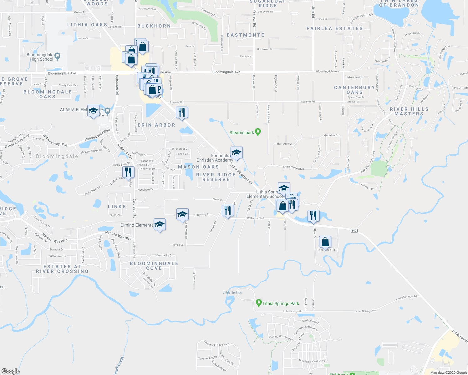 map of restaurants, bars, coffee shops, grocery stores, and more near 2827 Shetland Ridge Drive in Valrico