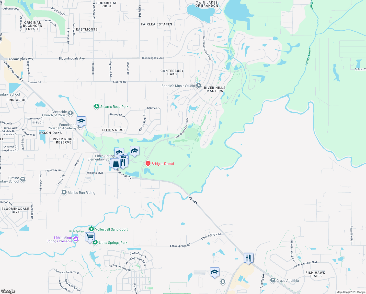map of restaurants, bars, coffee shops, grocery stores, and more near 5117 Fairway 1 Drive in Valrico